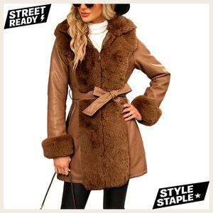 Faux Fur Lined Parka Coat with Belt Modern Chic Winter Warm Waterproof Jacket